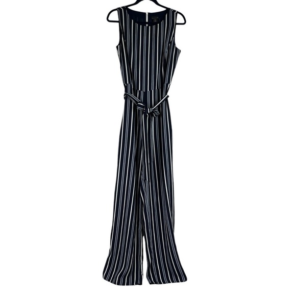 Tahari Pants - Tahari Womens Lined Wide Leg Jumpsuit Belted Romper Blue White Stripe Stretch 10